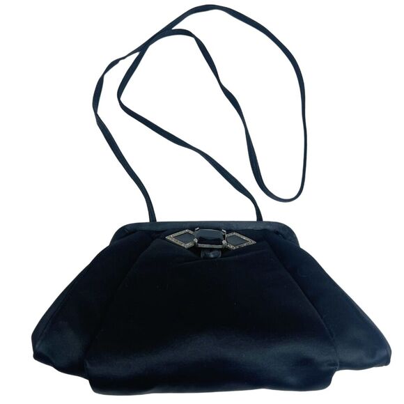 Vintage Sharif Black Satin Evening Bag Clasp Shoulder Bag - Picture 1 of 8